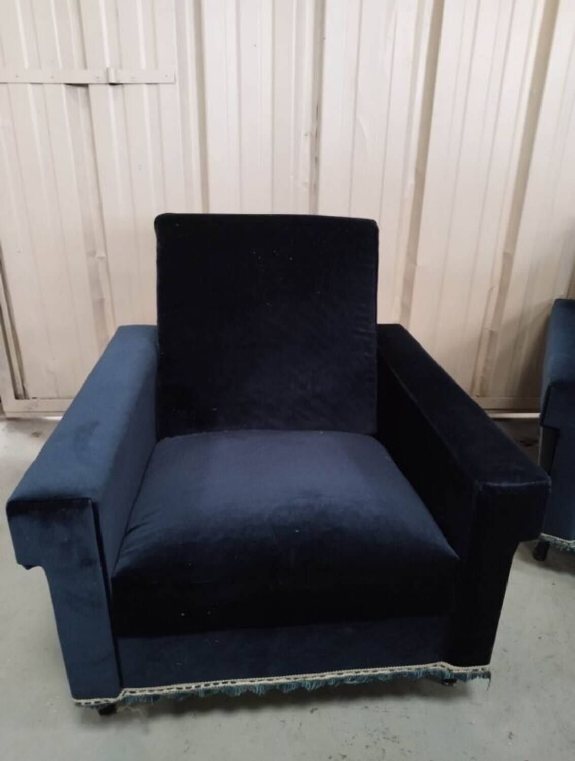 Pair of navy blue velvet club armchairs