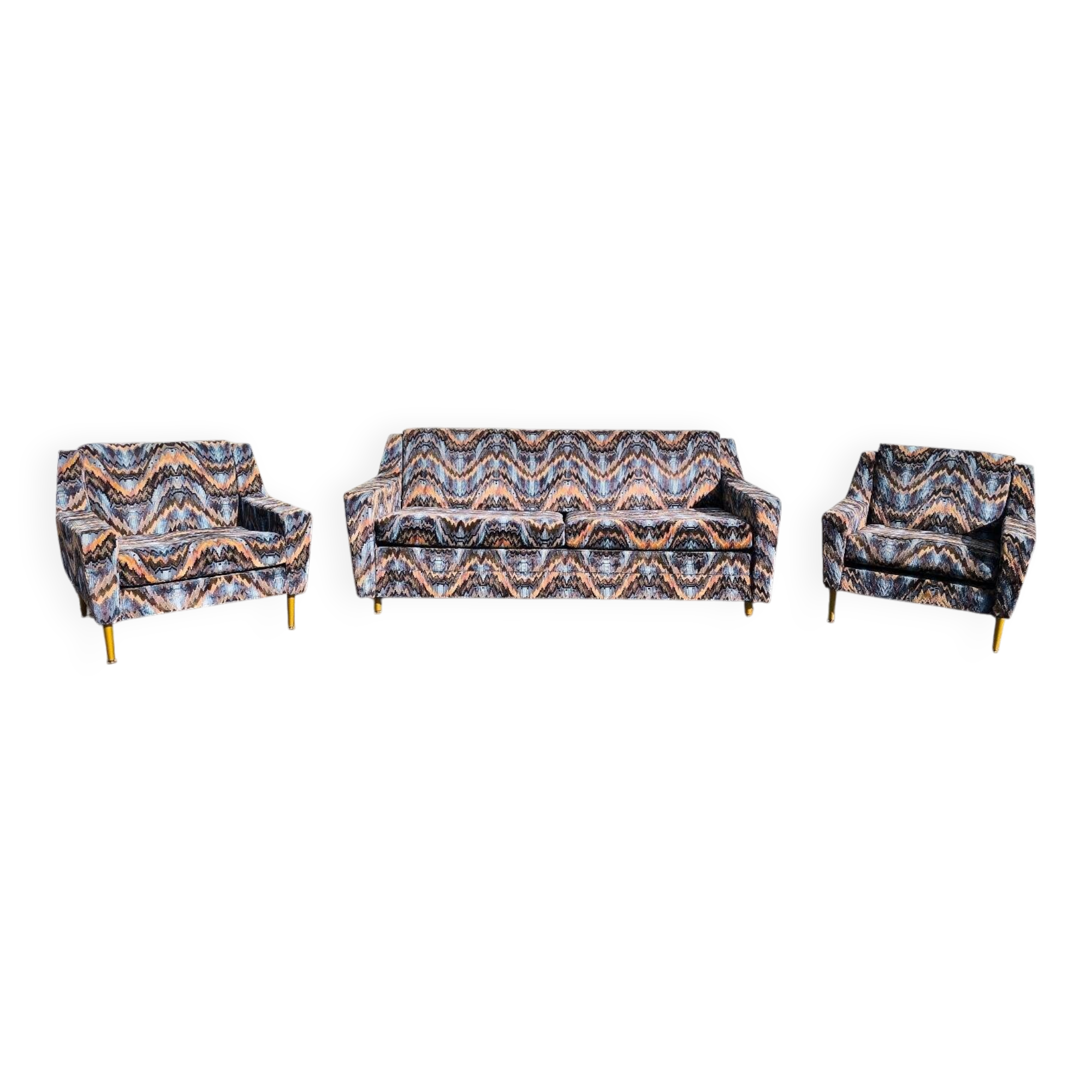 3-seater sofa + 2 vintage armchairs in multicoloured fabric retro design