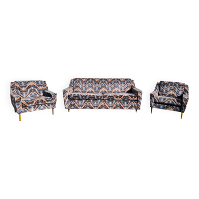 Canapé 3 places + 2 fauteuils vintage tissu multicolore design rétro