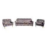 3-seater sofa + 2 vintage armchairs in multicoloured fabric retro design