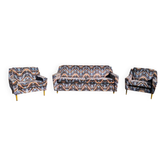 Canapé 3 places + 2 fauteuils vintage tissu multicolore design rétro