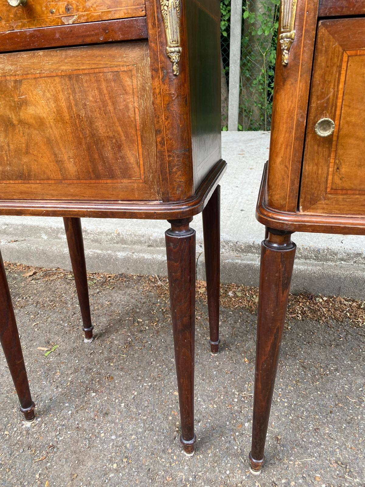 Pair of Louis XV bedside tables, 19th century, marquetry and pink marble
