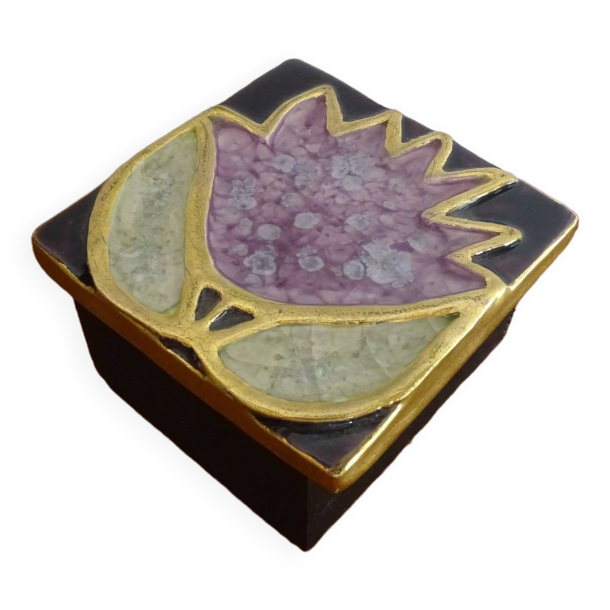 Mithé Espelt jewelry box 1960 - Ceramic and wood peony flower and gold decoration