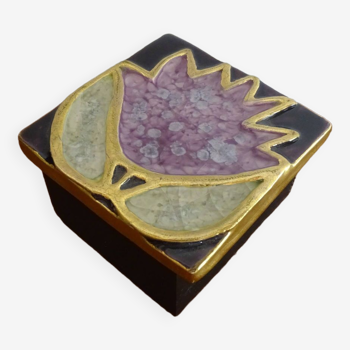 Boite bijoux Mithé Espelt 1960 - Céramique et bois décor fleur pivoine et or