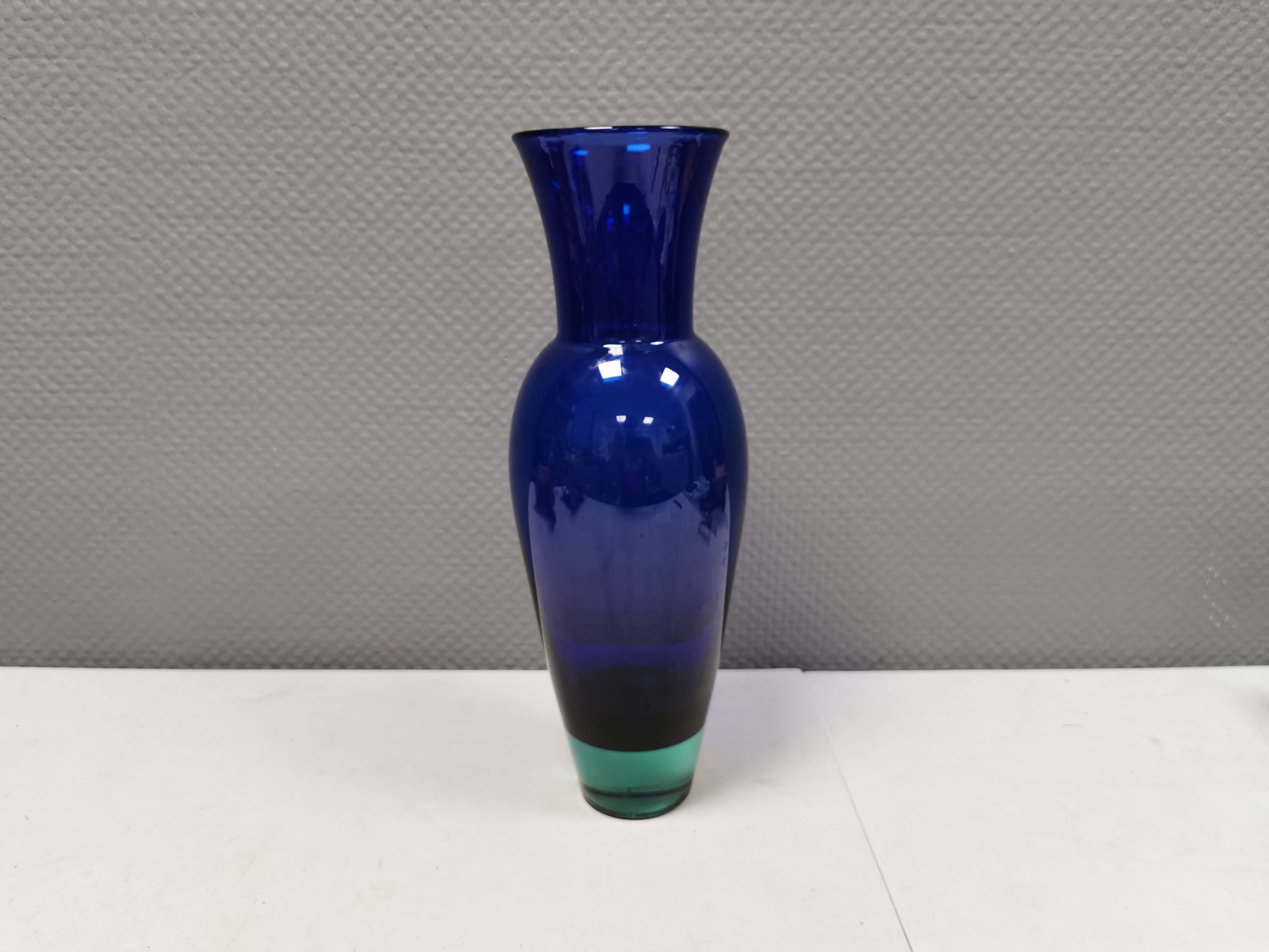 Holmegaard Harlequin Glass vase in blue with thick green base. Designed by Anja Kjær in 1994.