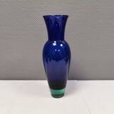 Holmegaard Harlequin Glass vase in blue with thick green base. Designed by Anja Kjær in 1994.
