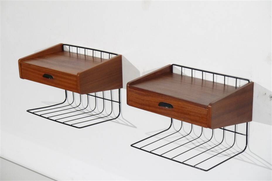 Pair of vintage Scandinavian hanging bedside tables 1960