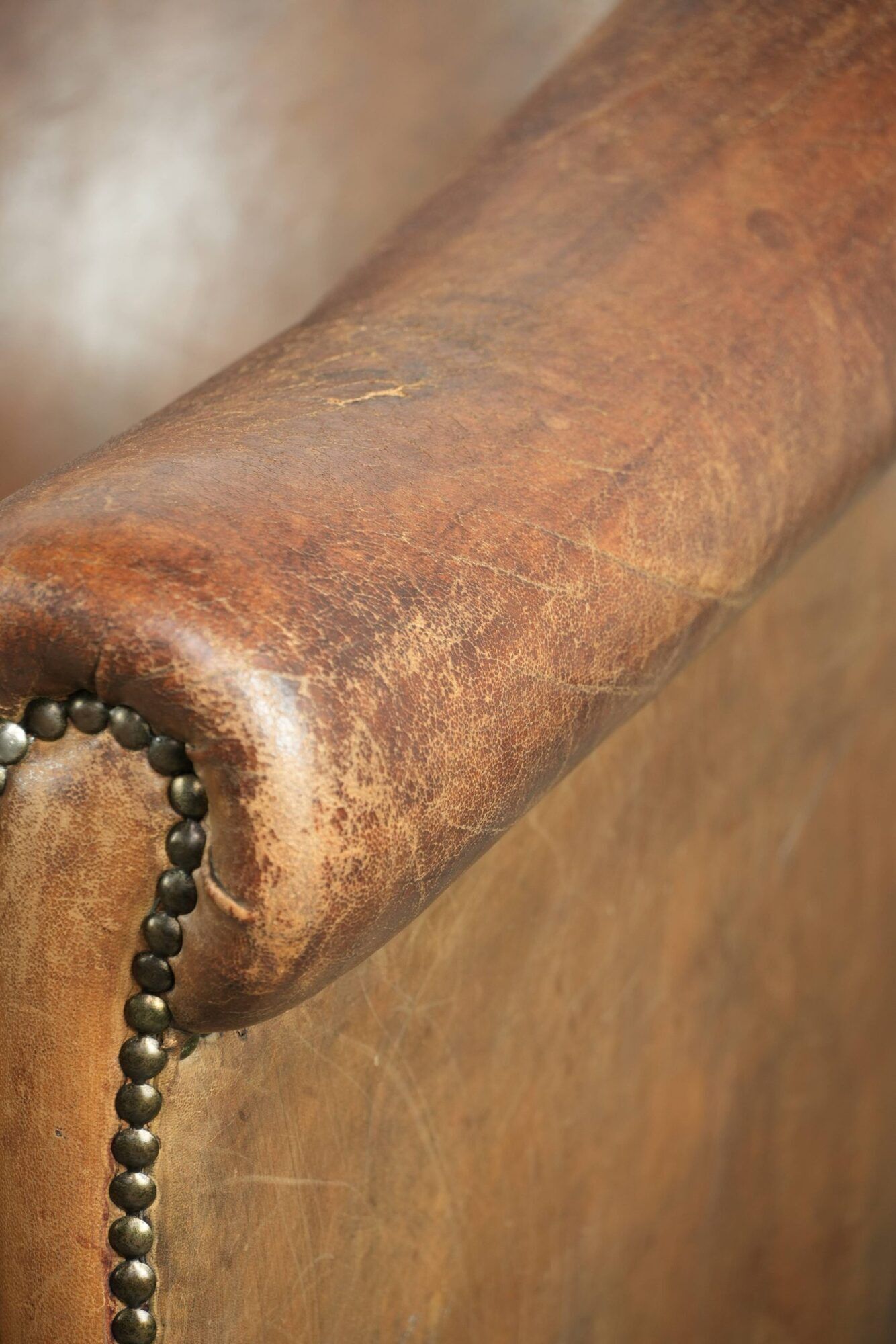 Vintage sheepskin club armchair finished with decorative nails