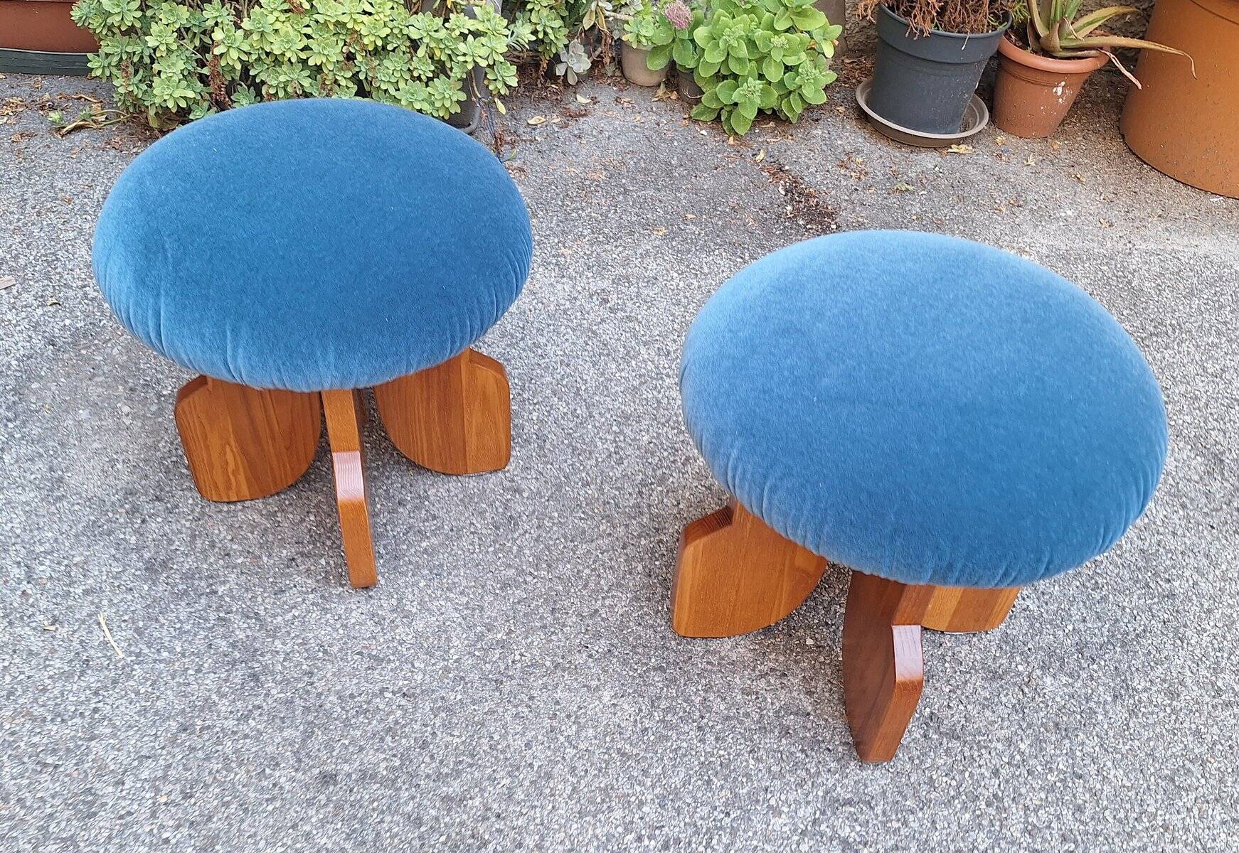 Modern Poufs in Light Wood and Blue Velvet Fabric from Artigianato Italiano, Set of 2