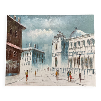 Vintage painting from the 1950s-60s, view of Paris and Les Invalides