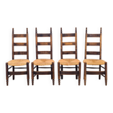 Set of 4 brutalist chairs in carved wood and straw – Circa 1940