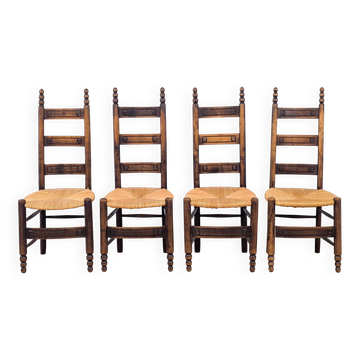 Set of 4 brutalist chairs in carved wood and straw – Circa 1940
