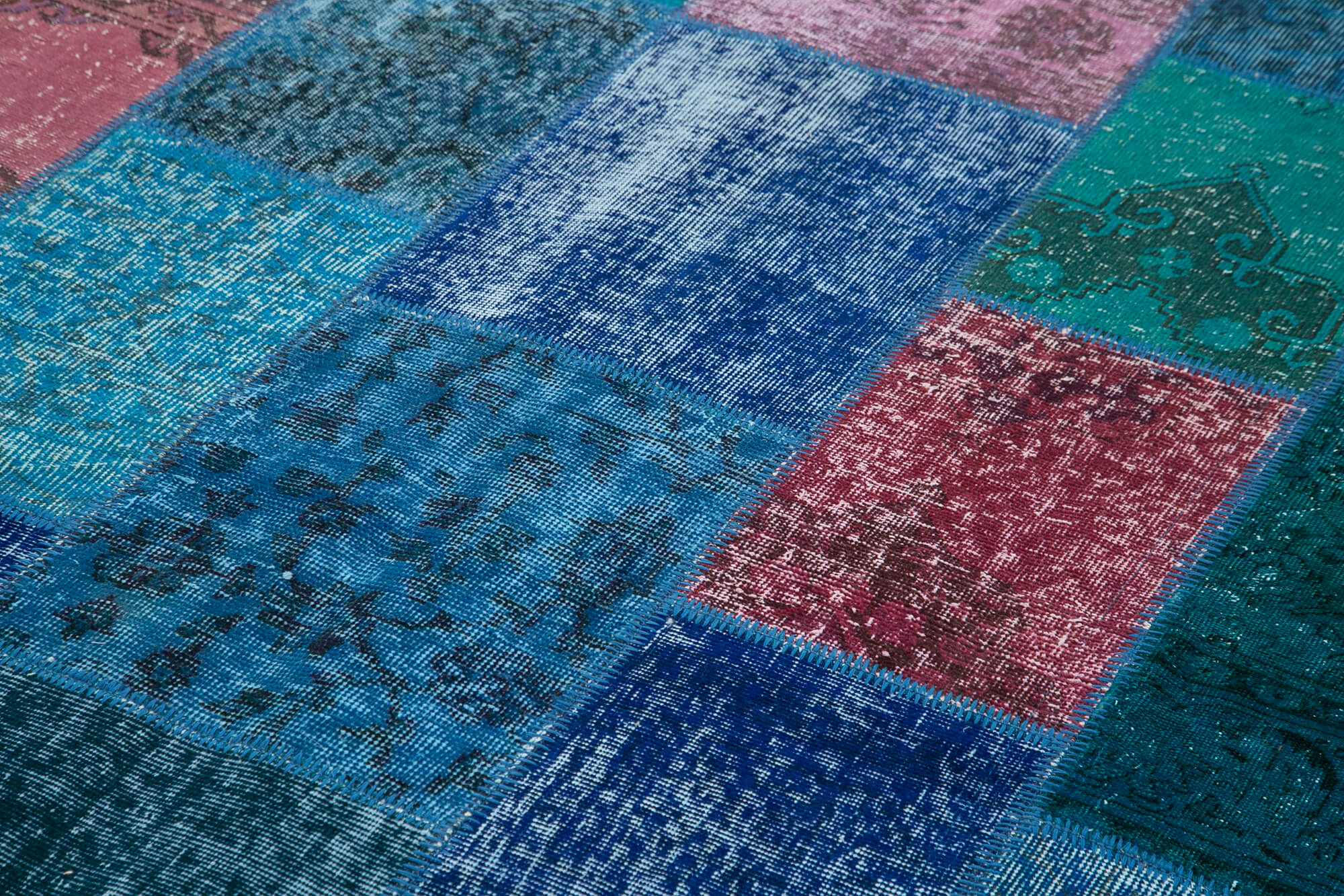Handwoven turkish contemporary 202 cm x 300 cm blue patchwork carpet