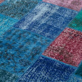 Handwoven turkish contemporary 202 cm x 300 cm blue patchwork carpet
