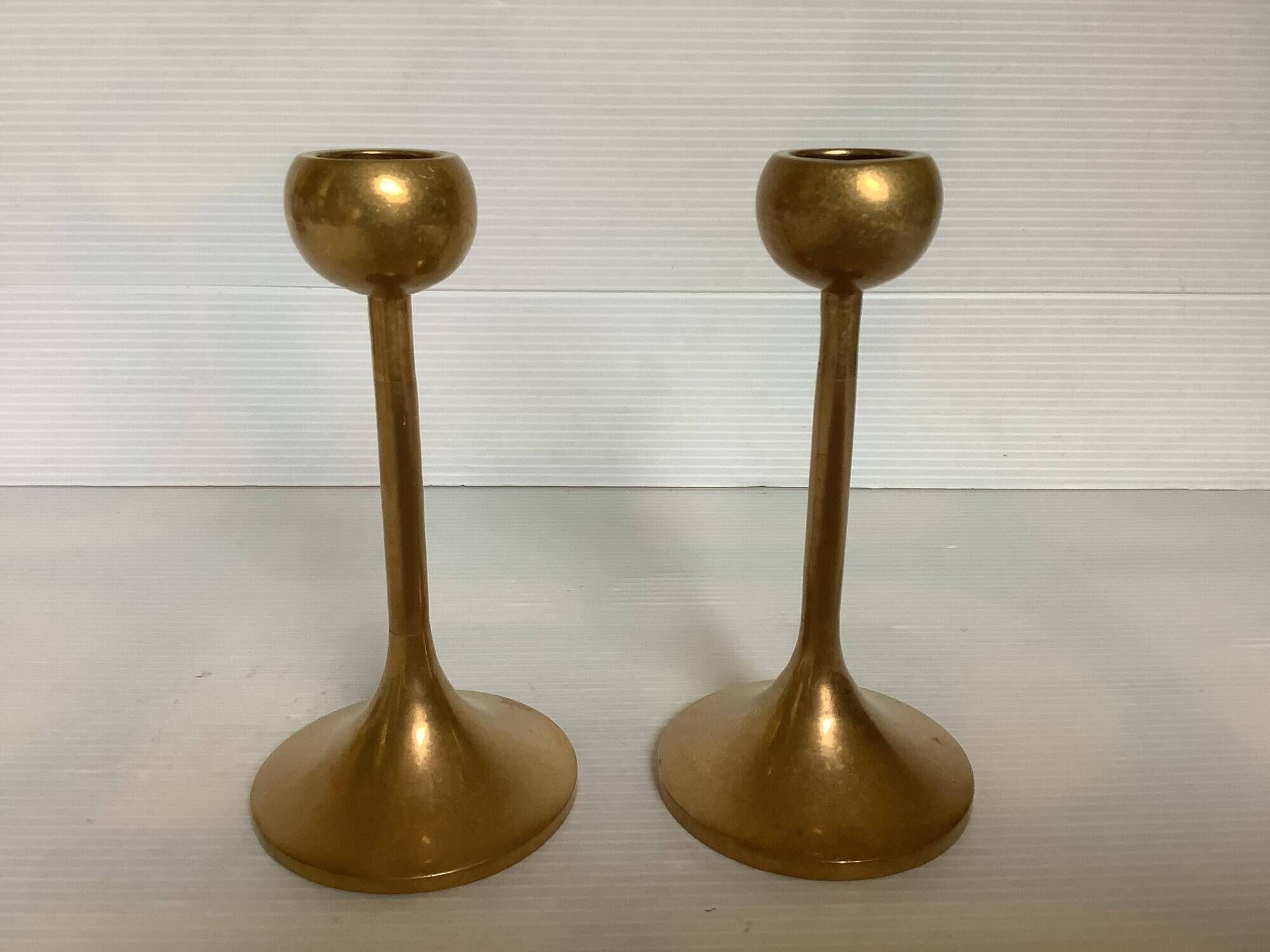 Pair of Scandinavian brass tulip foot candlesticks