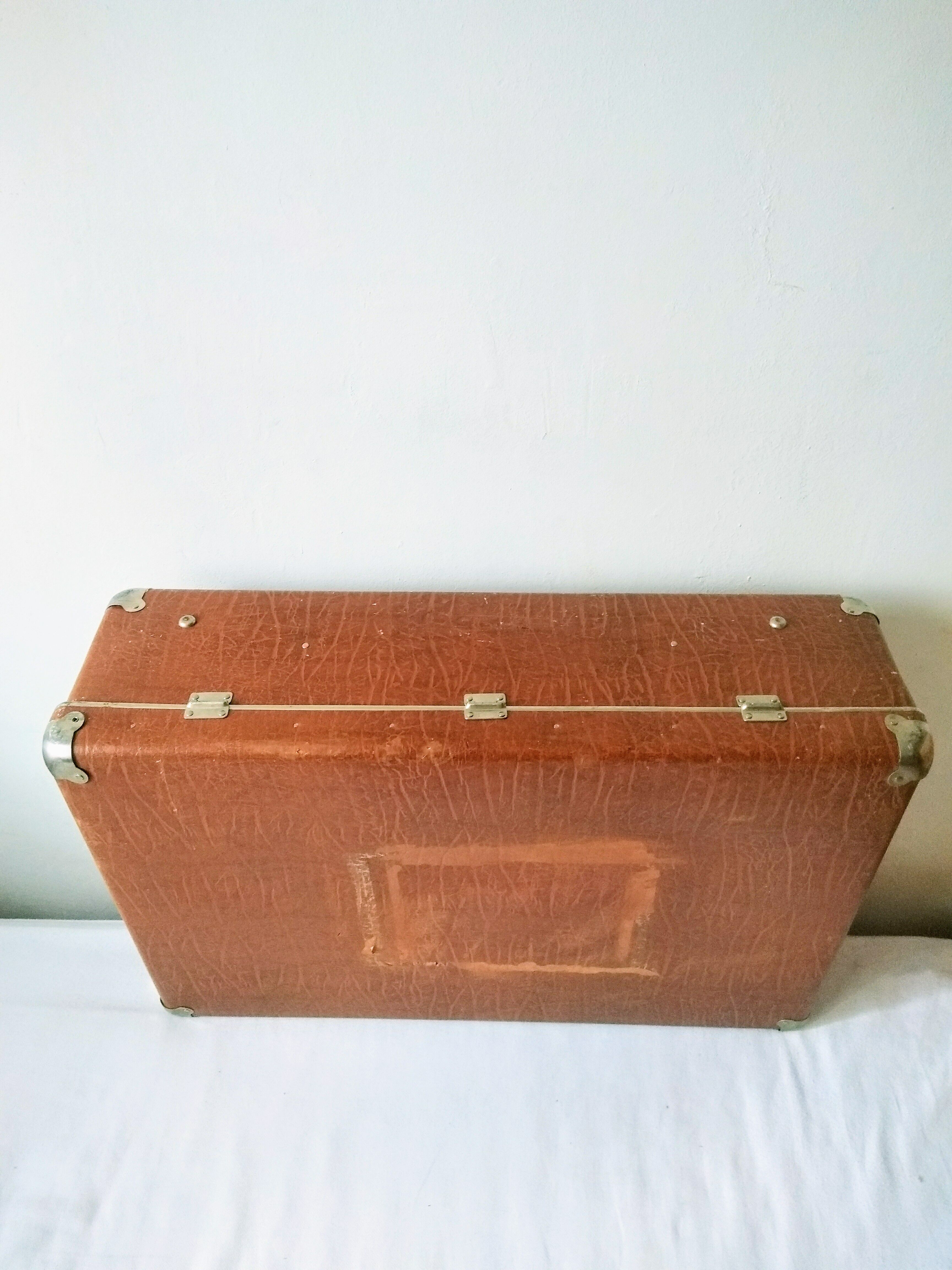 Large light brown cardboard suitcase and decorative vintage year 50 60 70 in very good condition