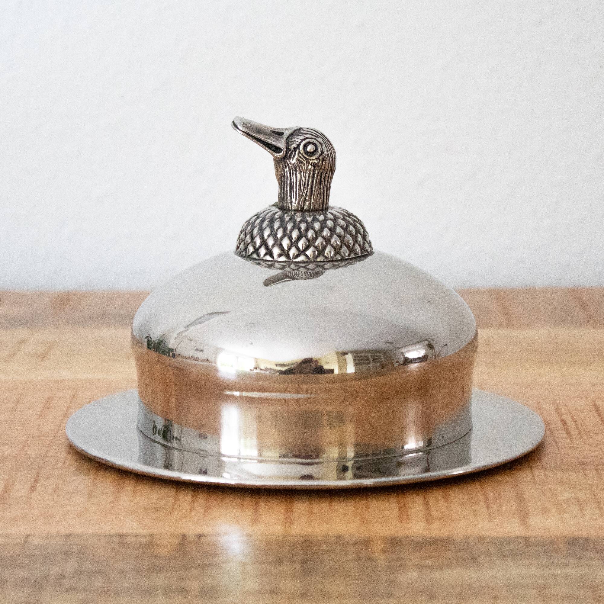 Vintage Silver Plated Butter Dish with Duck Head: Old Swedish Butter Mold