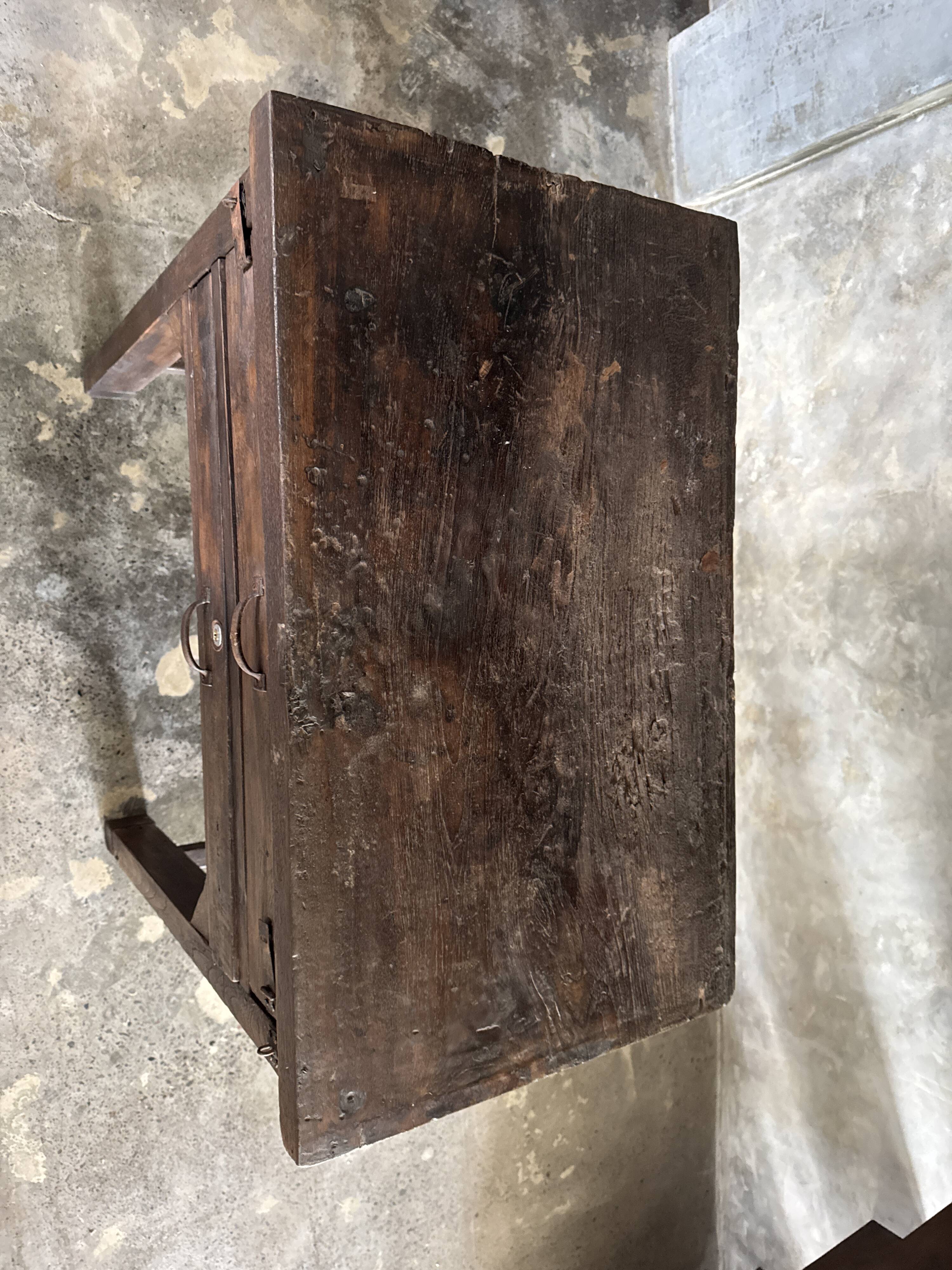 Antique Indonesian teak workbench with two drawers and stretcher H89.