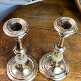 Pair of brass and stone candlesticks