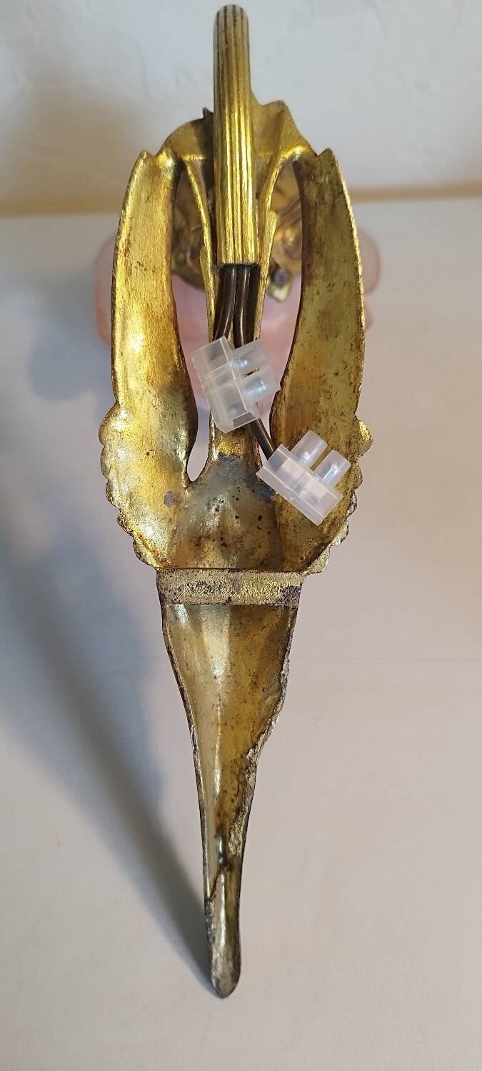 Pair of bronze swan and pink tulip wall lights in glass paste