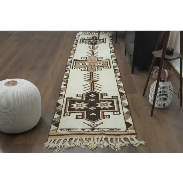1970s Vintage Turkish Hand-Knotted Wool Cotton White Runner Rug 90x395