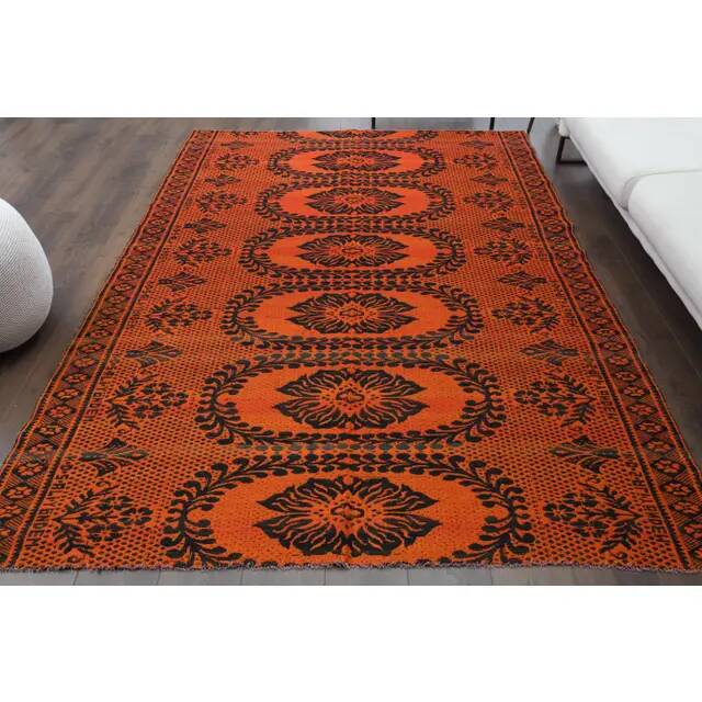 1970s Vintage Turkish Oushak Handmade Wool Cotton Orange Area Rug 186x272