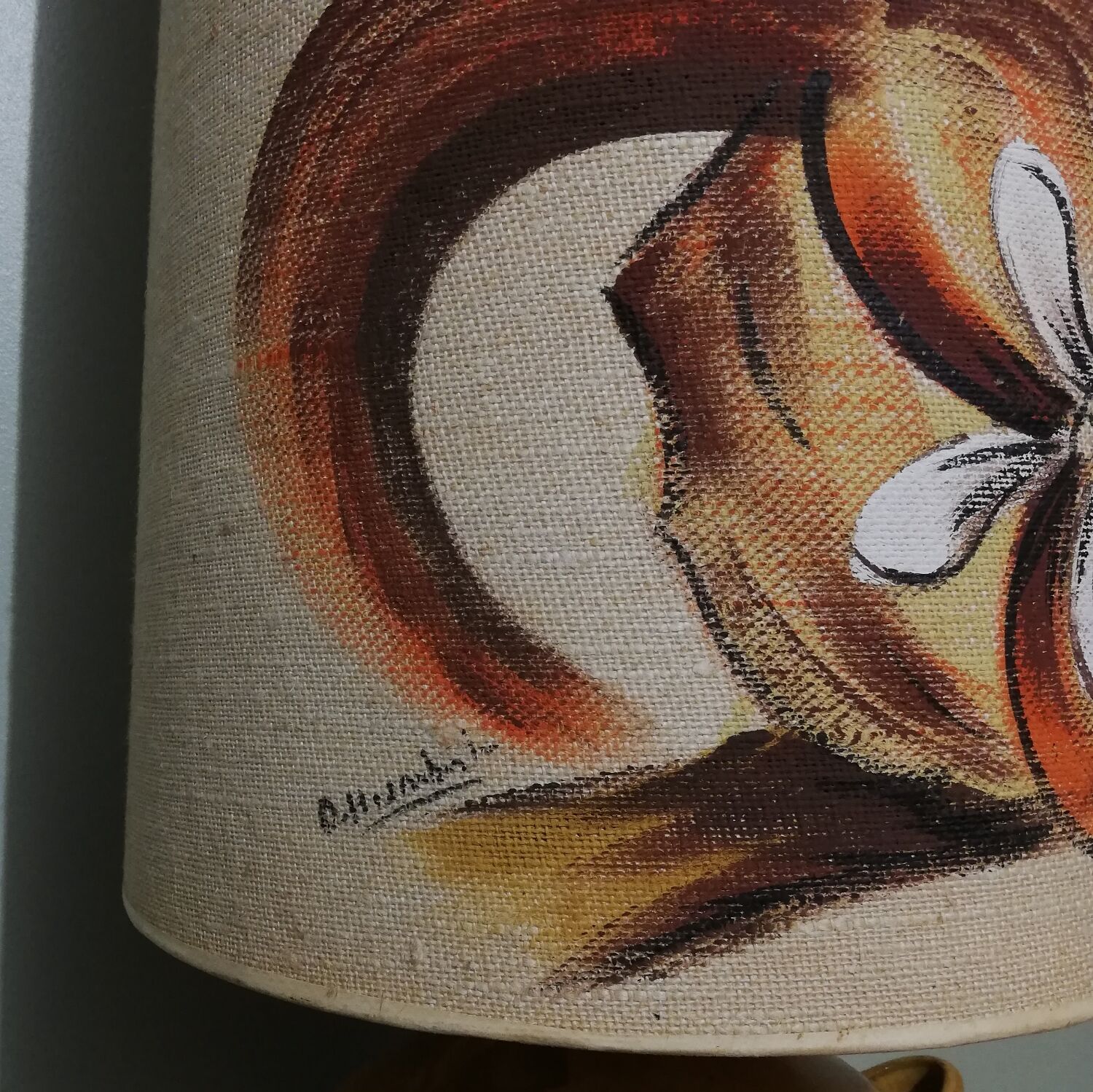 Vintage glazed stoneware lamp with hand-painted lampshade