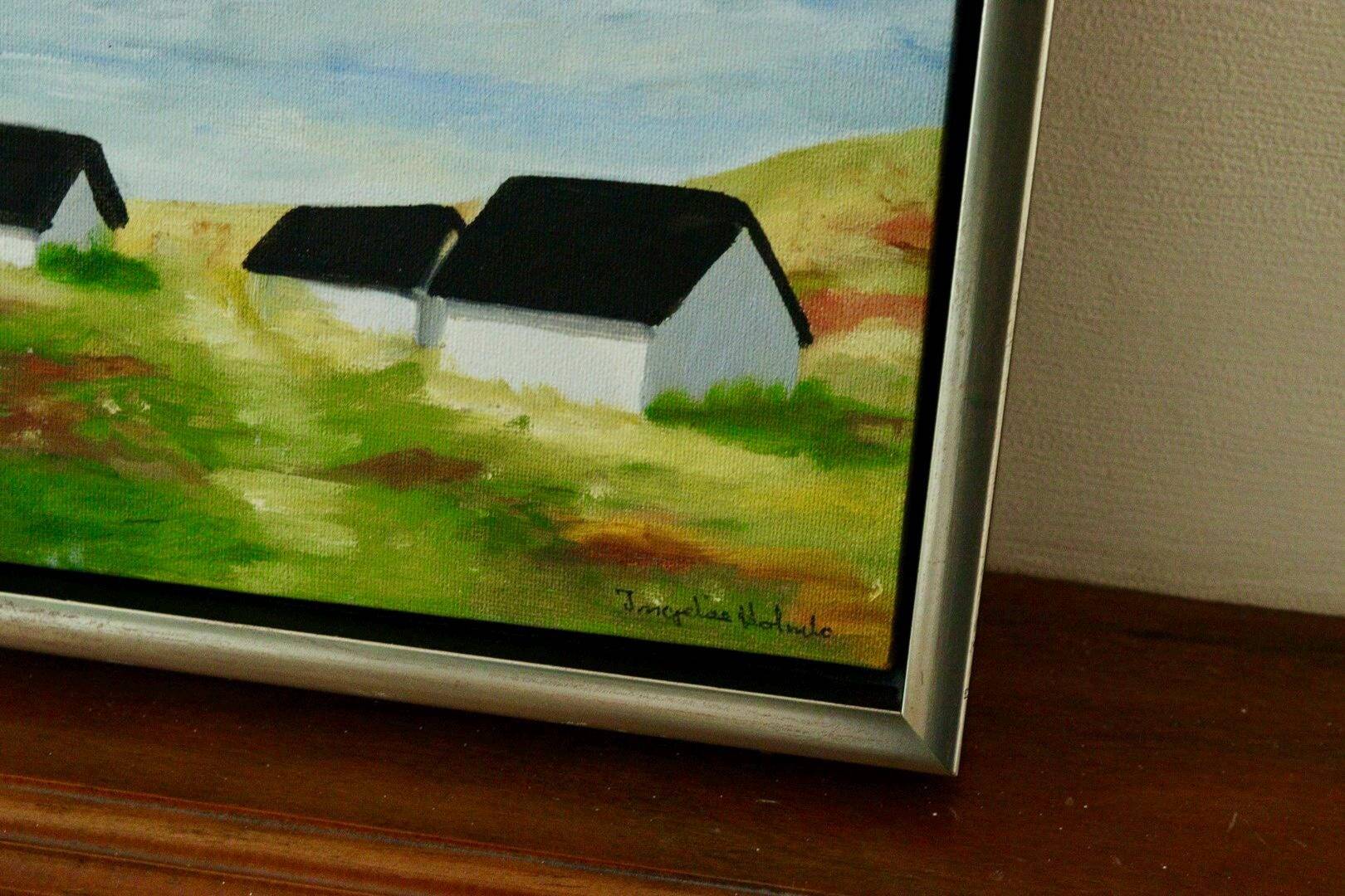 Original Swedish oil on canvas from the mid-century "Houses" - Vintage and framed