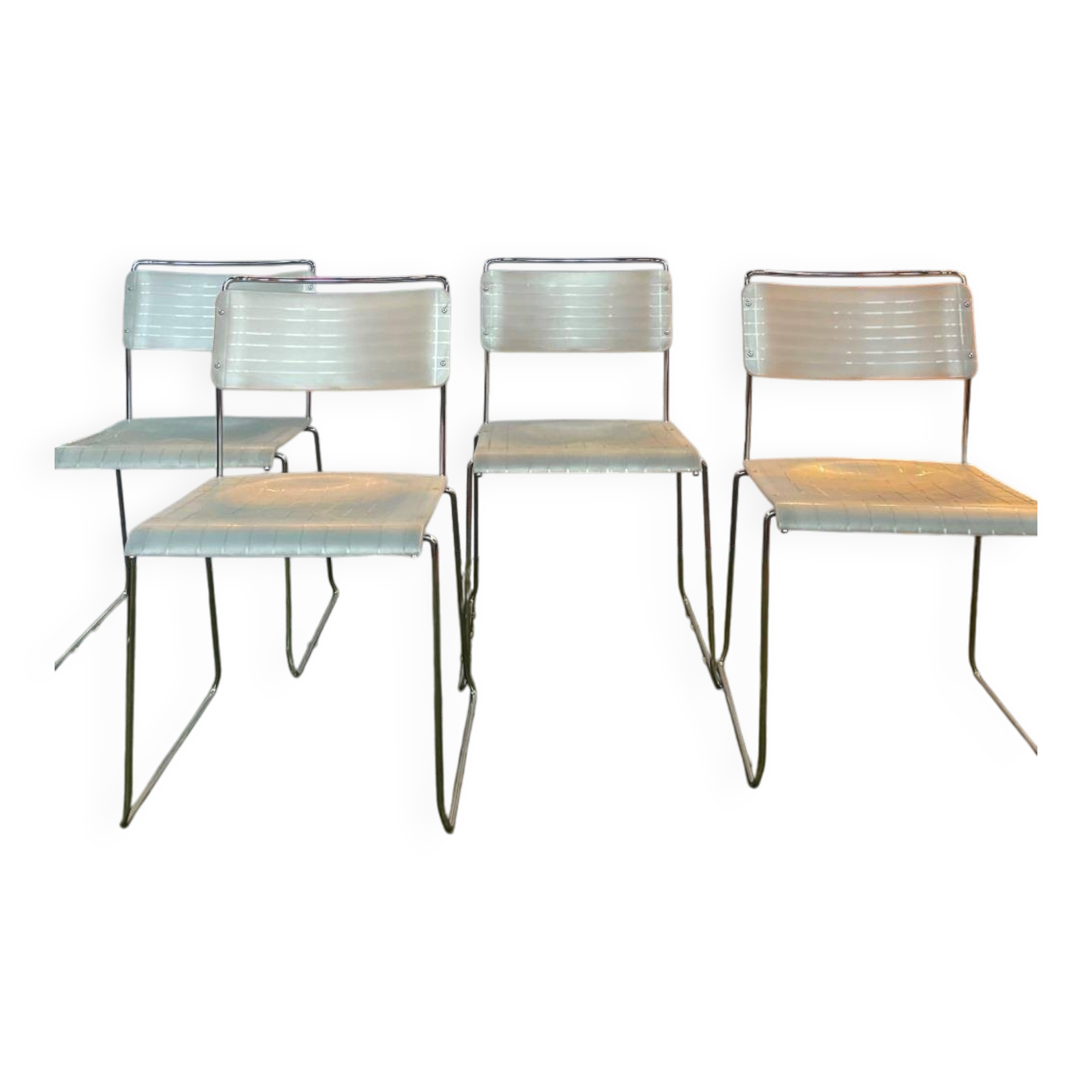 Set of 4 Italian Spilimbergo chairs in chromed steel and white plastic