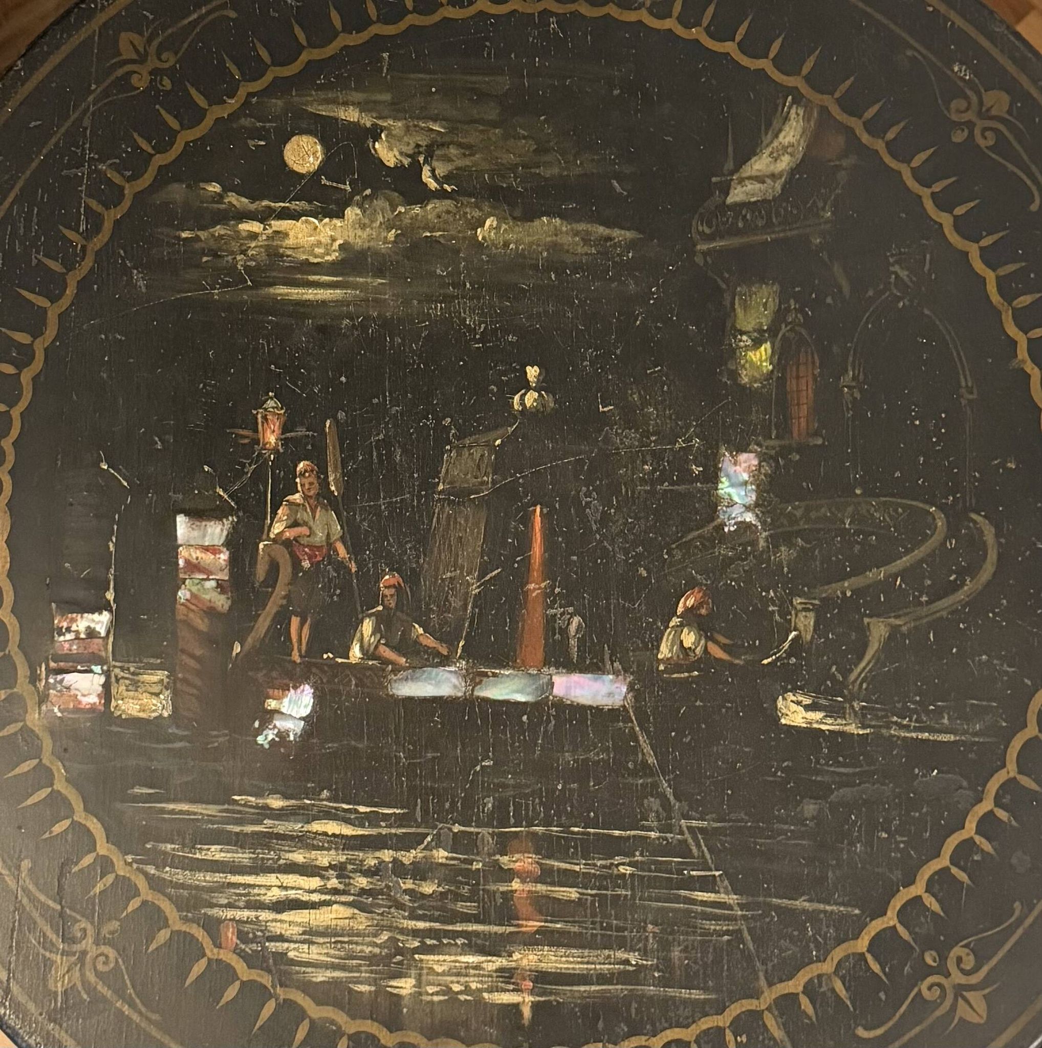 Tilting gueridon Napoleon III; Venetian scene in moonlight; D50cm