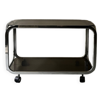 Low hifi/TV cabinet on wheels in chrome and smoked glass, 1970s design