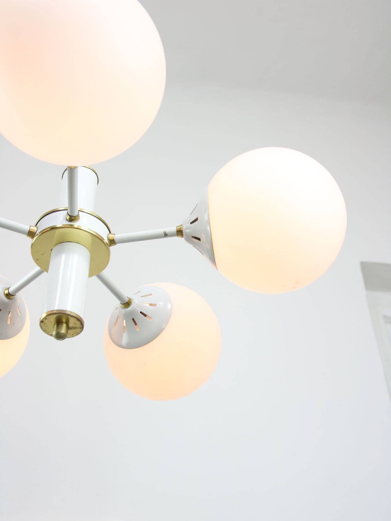 Vintage Italian Brass and Opaline Sputnik Chandelier, 1970s