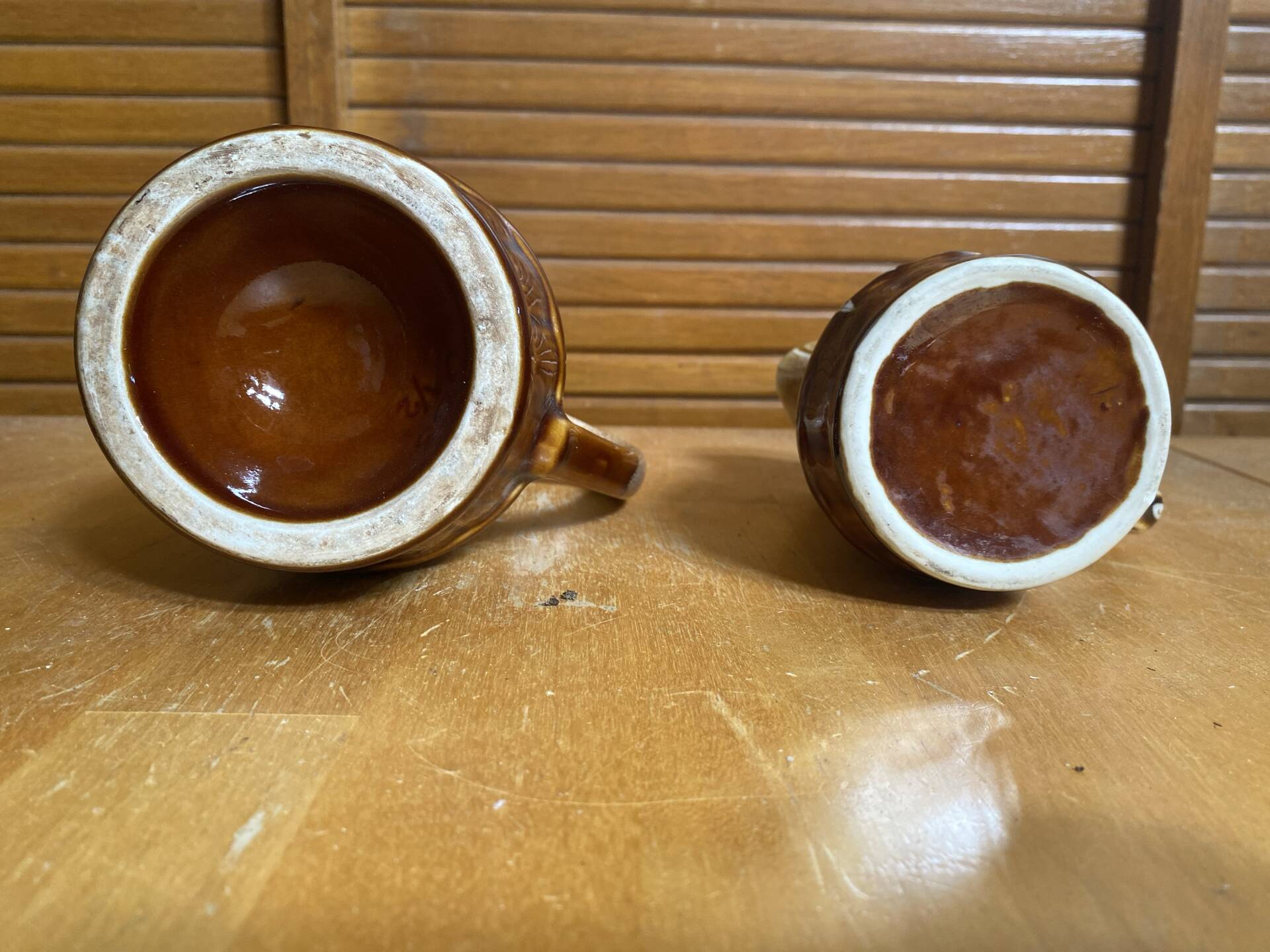 Pair of Barrel-Shaped Pitchers REVOL Flamed Ceramic 1/4 Litre Vintage