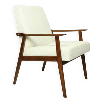 Fauteuil vintage Chaise longue Bouclette blanche Fauteuil en bois Mid Century Modern