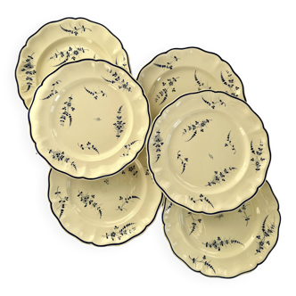 6 vintage cream earthenware plates and blue flowers Lunéville manufacture Keller & Guérin circa 1892