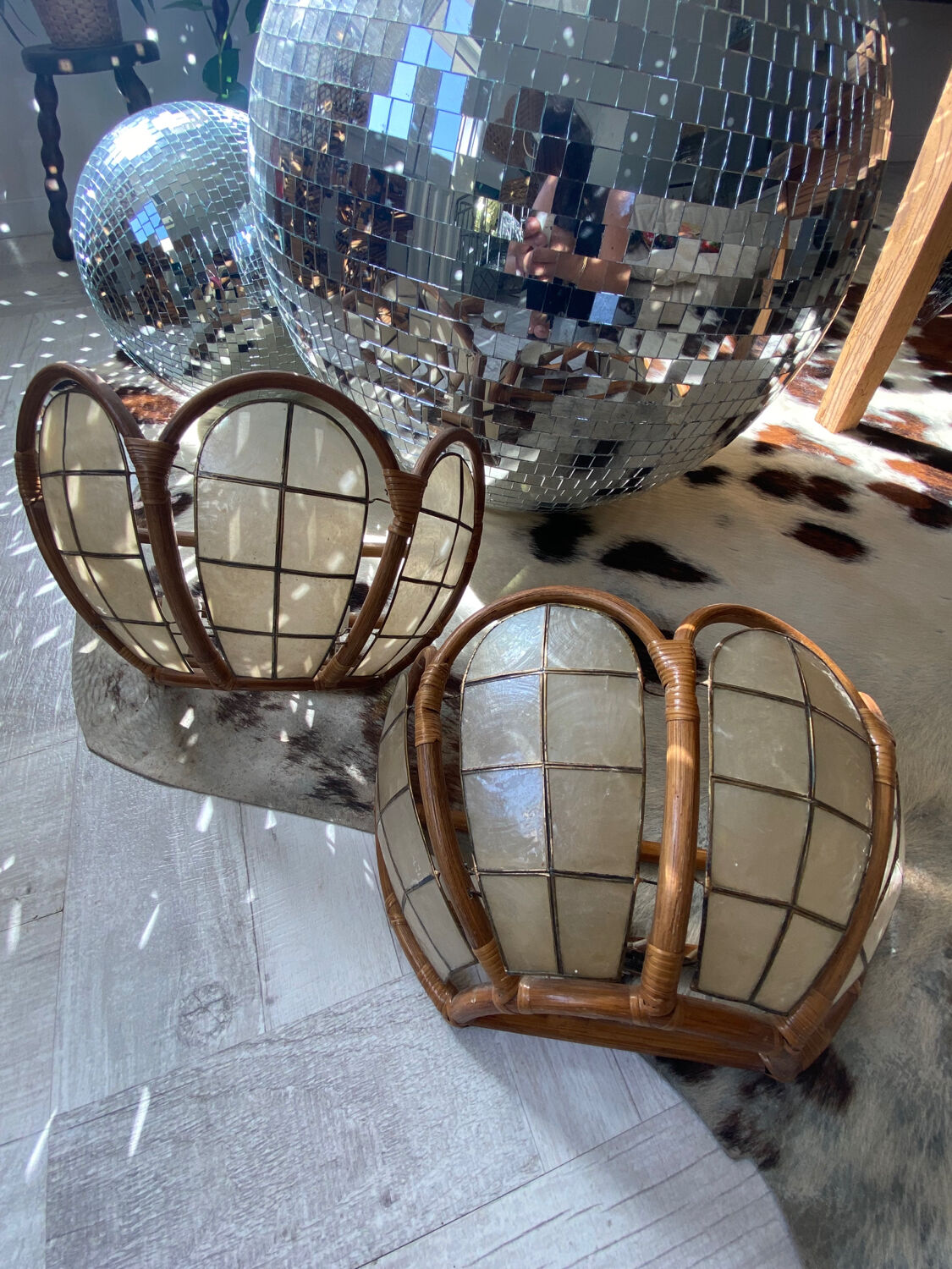 Brass mother-of-pearl rattan sconces