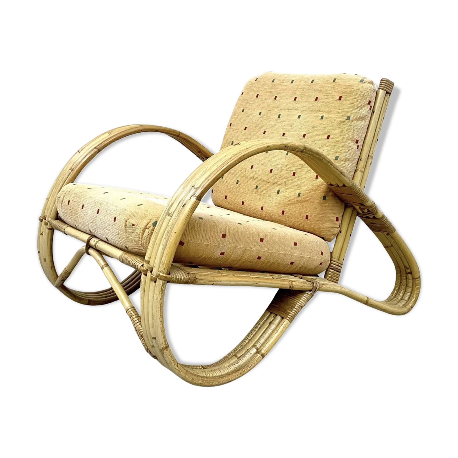 Chaise longue en rotin, bambou et tissu, France, années 1960