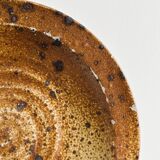 3 rustic stoneware plates, brown and beige speckled finish.