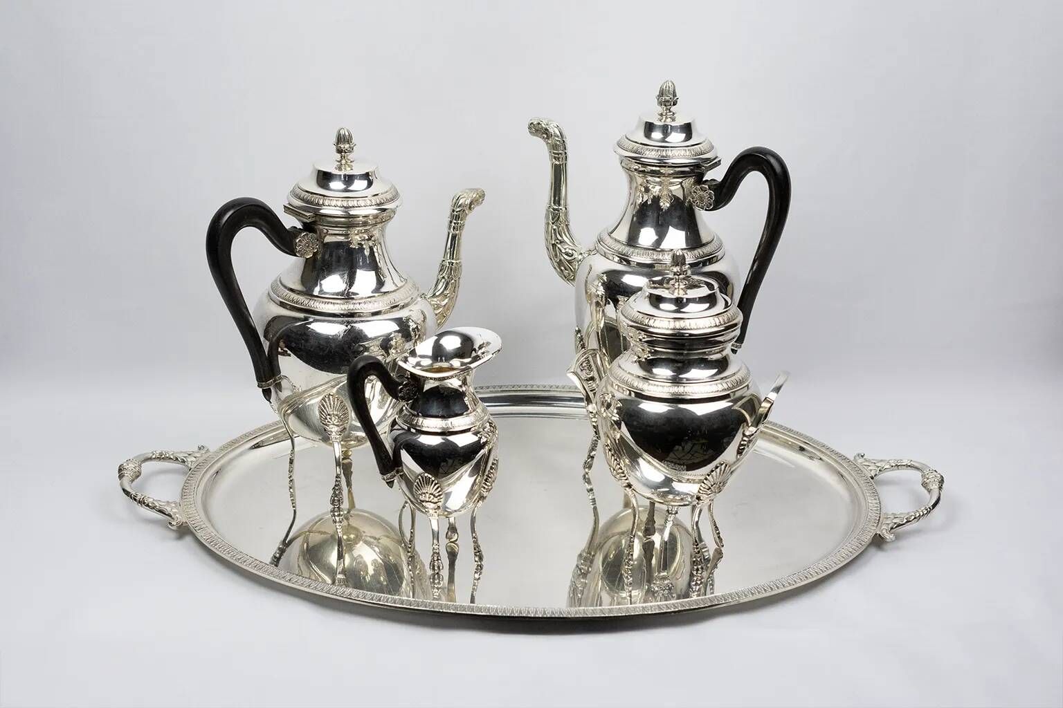 Empire-style tea and coffee service with ram's head spout - silver-plated, 5 pieces