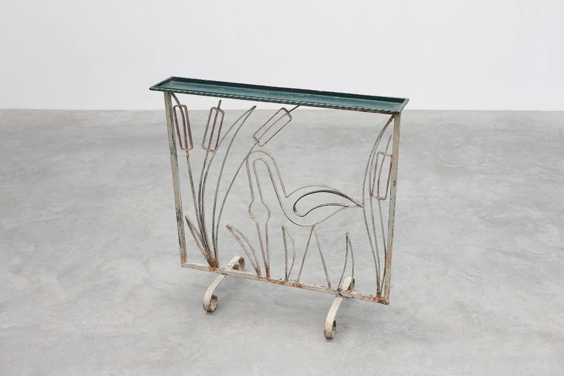 Art Deco Wrought Iron Plant Stand with Heron and Bulrushes, France, Circa 1