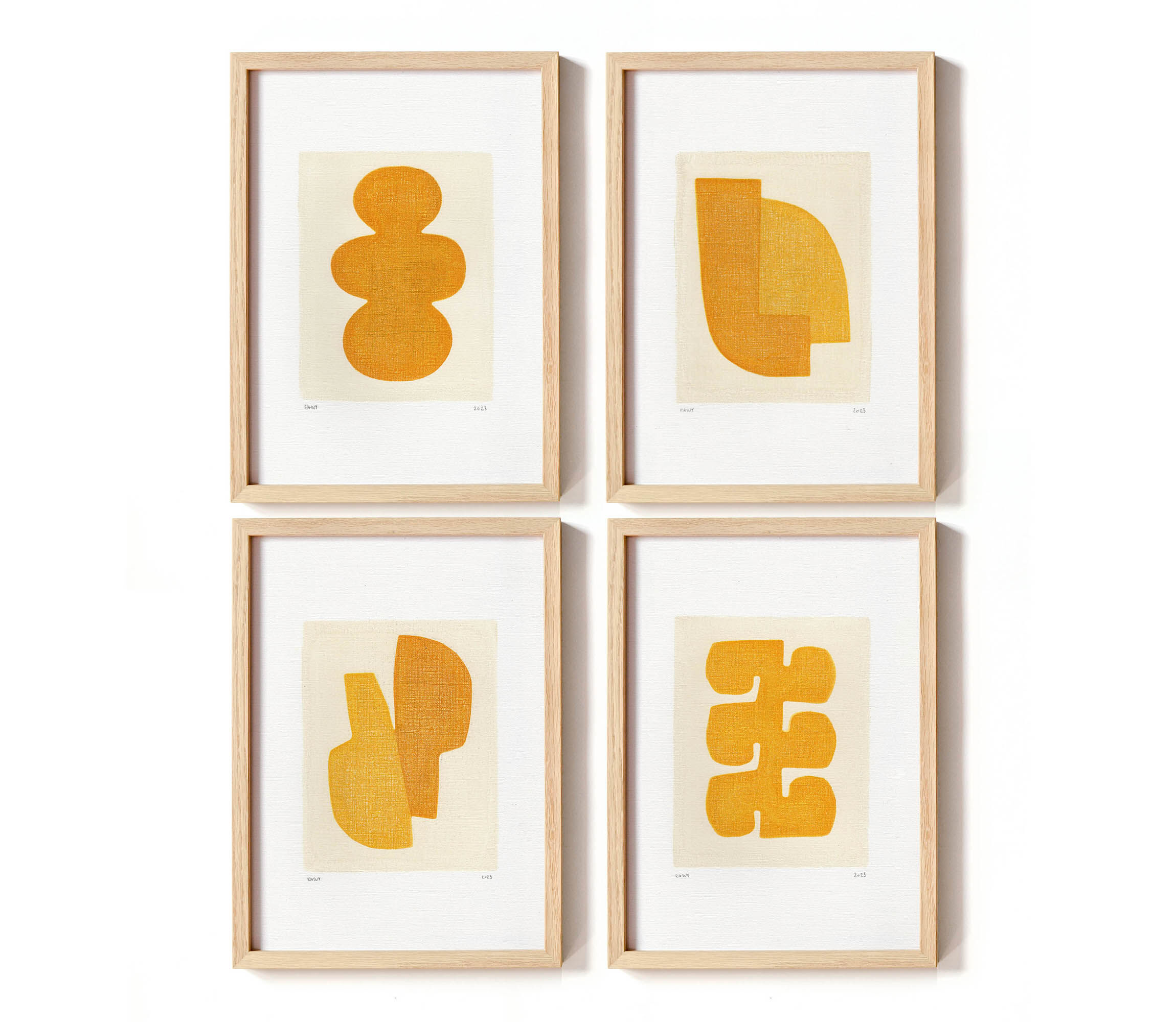 Series of 4 paintings on paper - yellow abstract compositions - signed Eawy