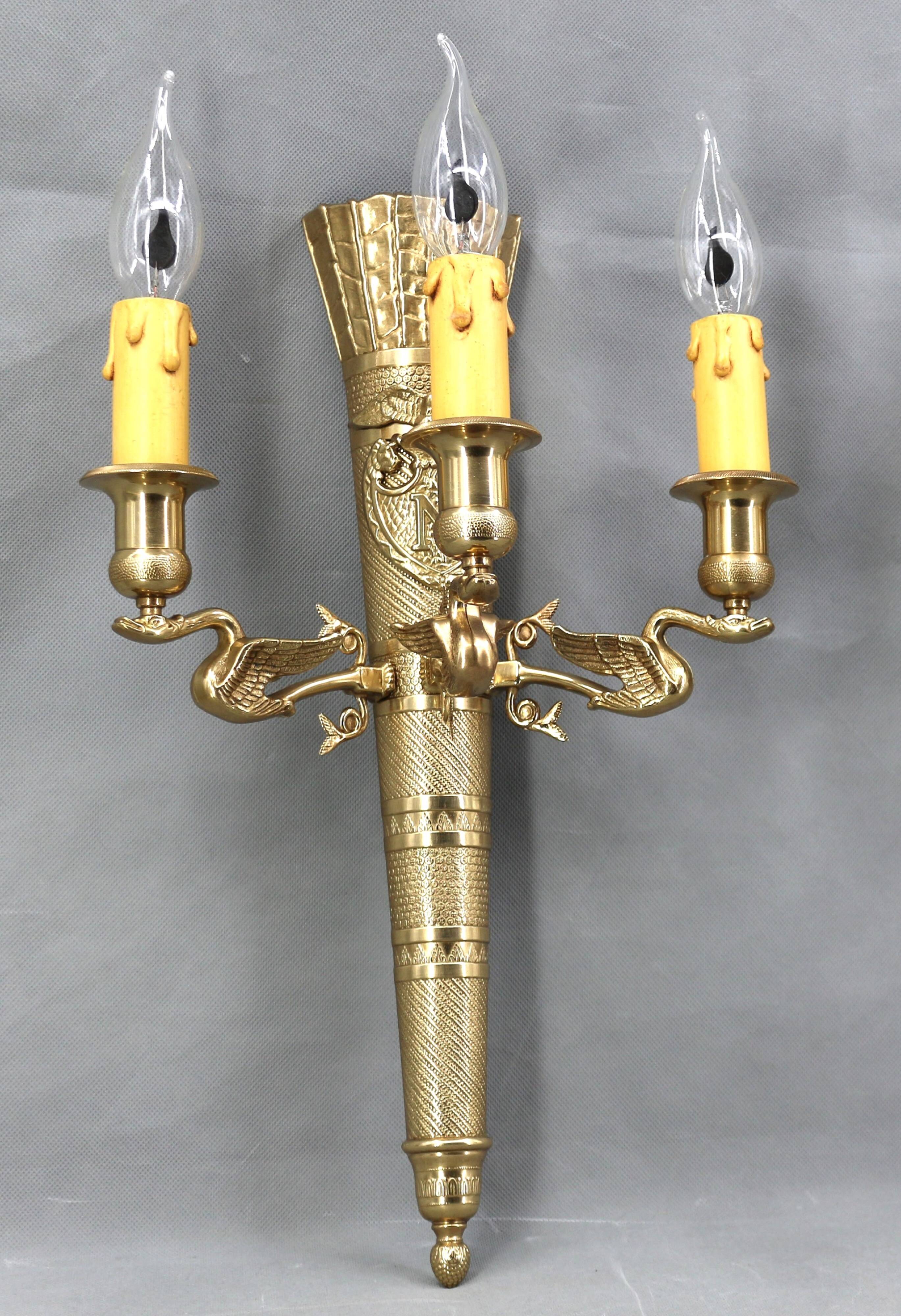 Large pair of Napoleonic gilt bronze empire style wall lights with three candles