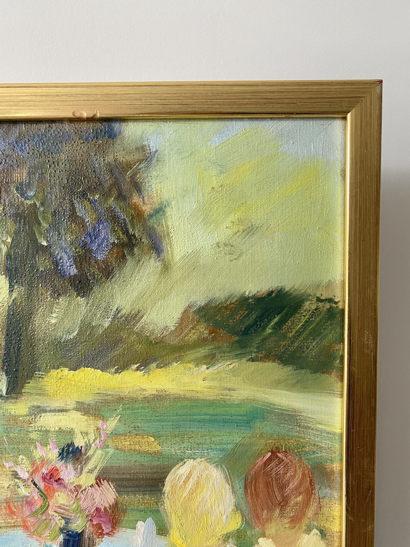 Vintage mid century swedish framed oil painting - garden party