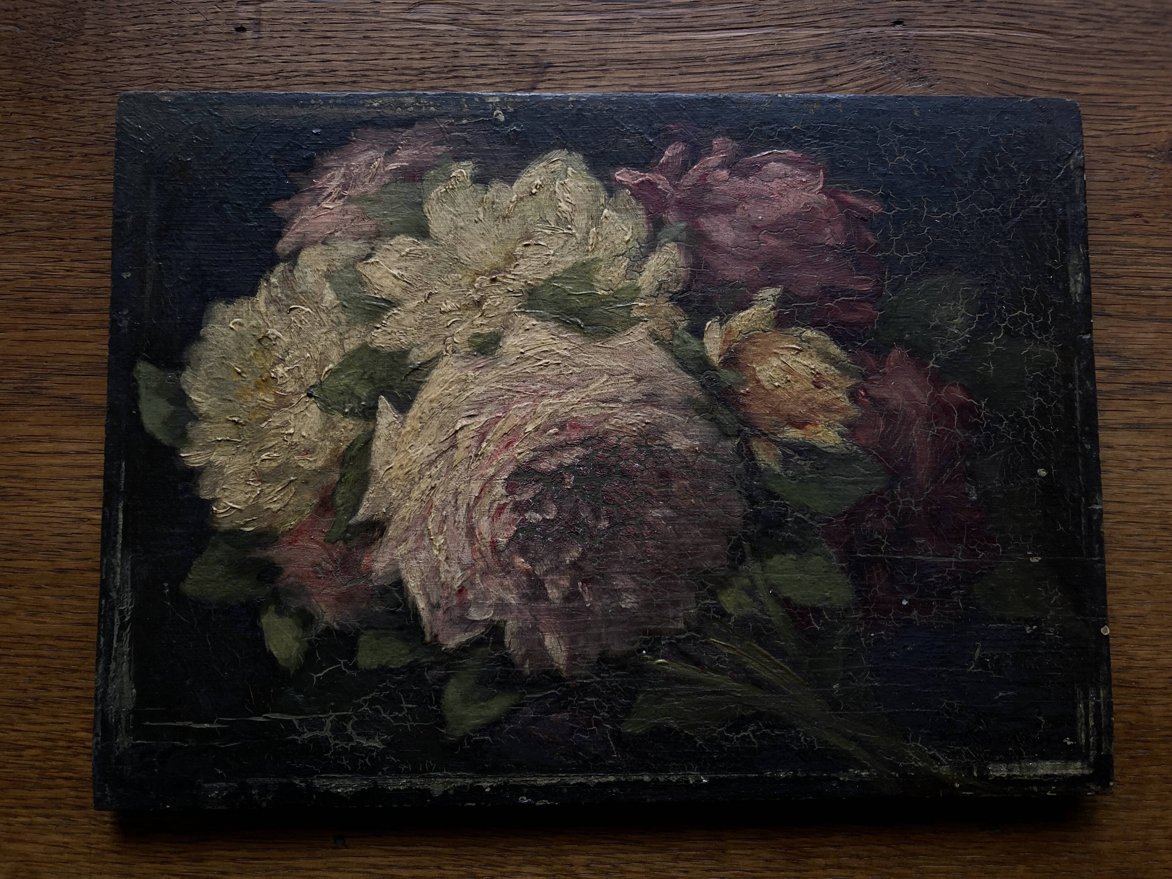 Oil on wood 19th century cut flowers