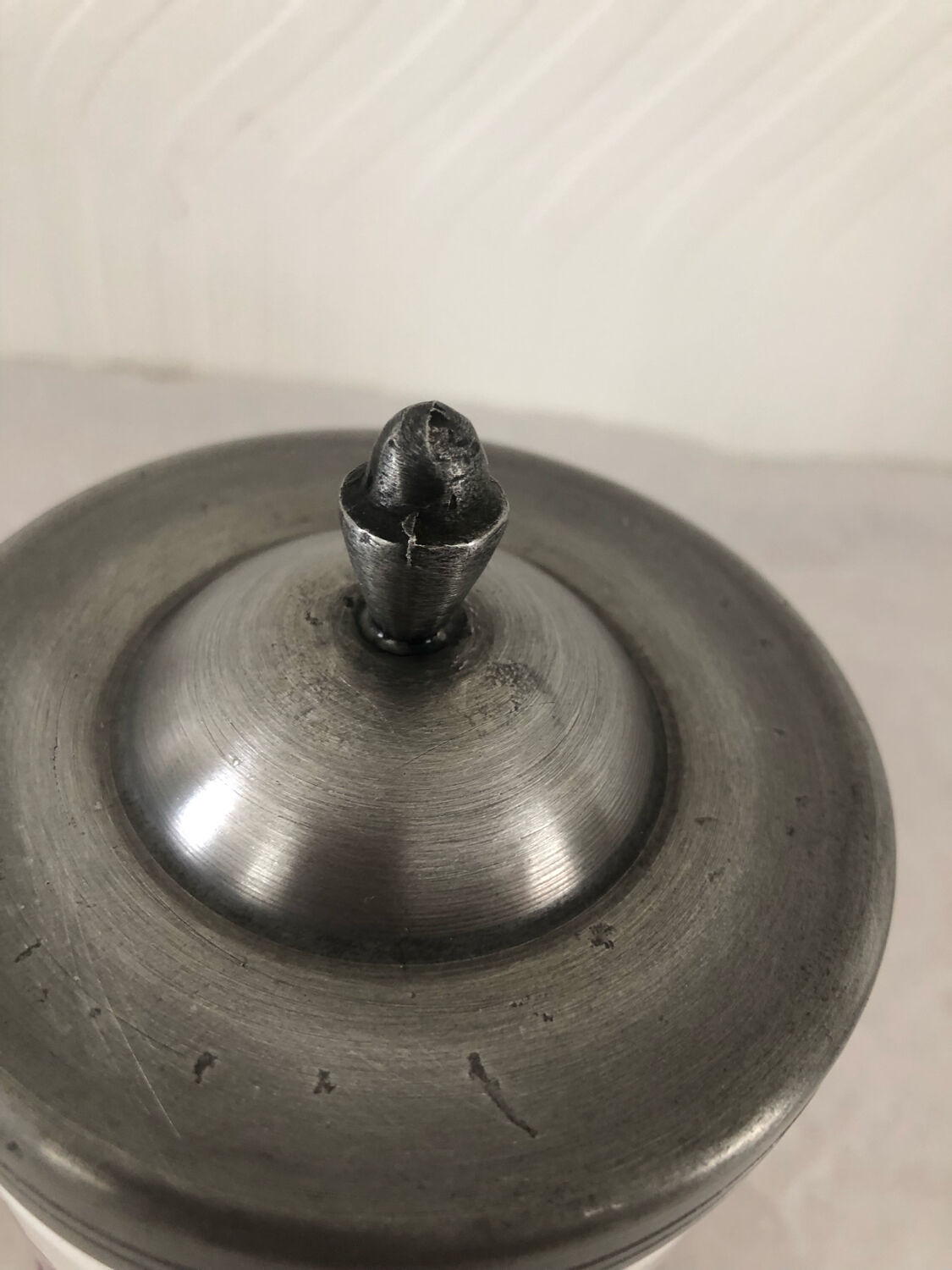 Ceramic salt jar pewter lid stamped J G