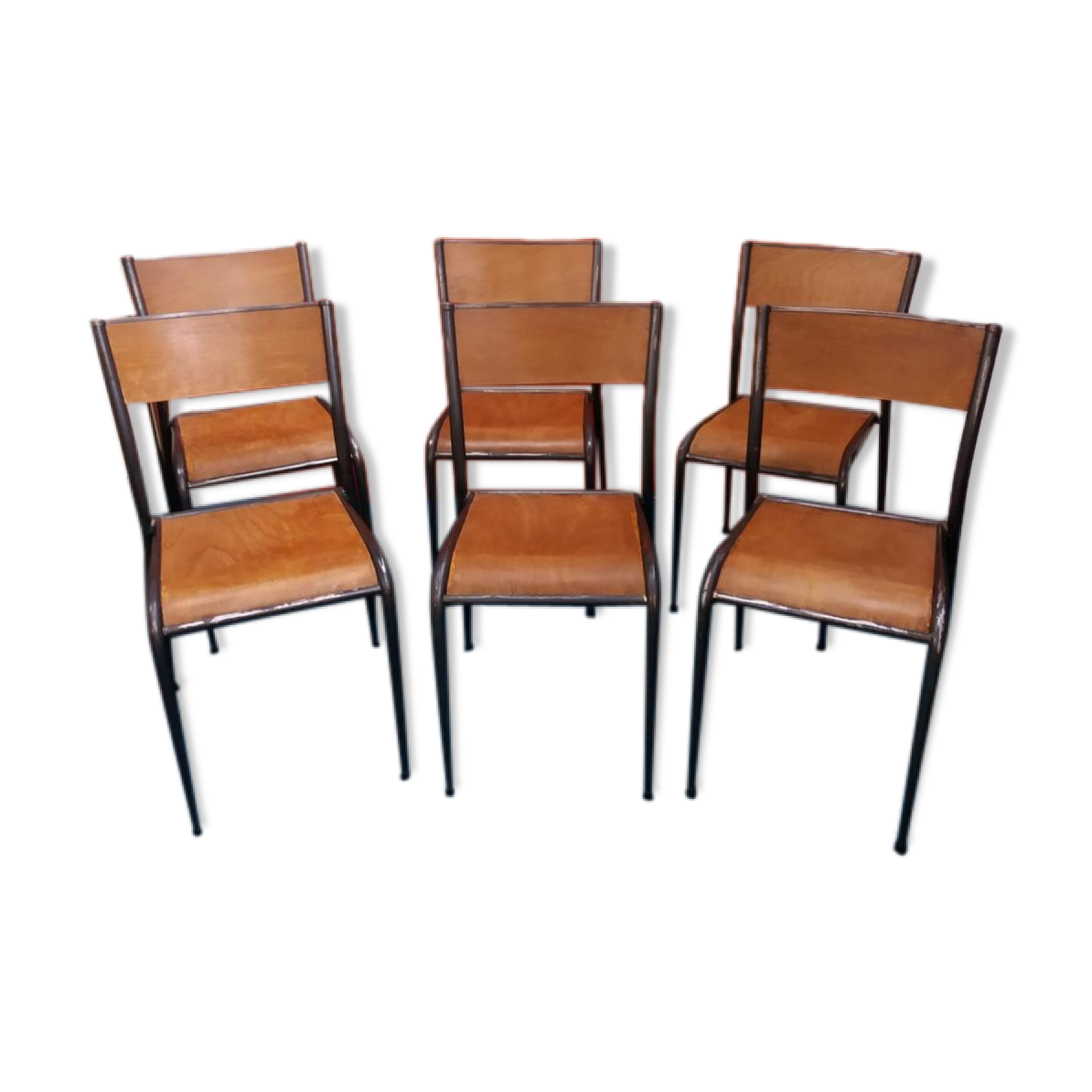 Lot of 6 school chairs wood metal 70s