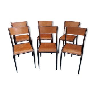Lot of 6 school chairs wood metal 70s