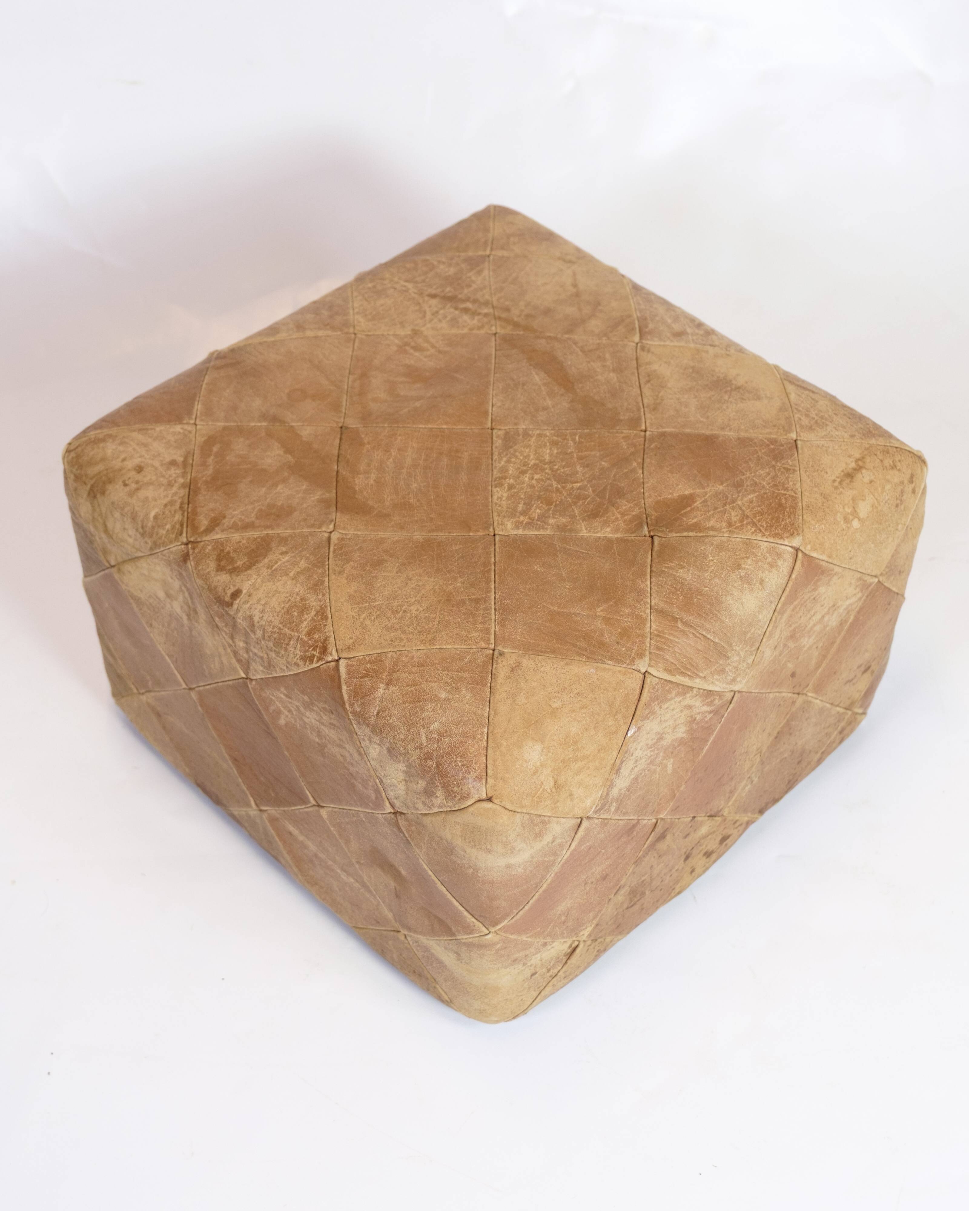Vintage leather pouf - natural leather - natural patina - hand-sewn - square - 1970s