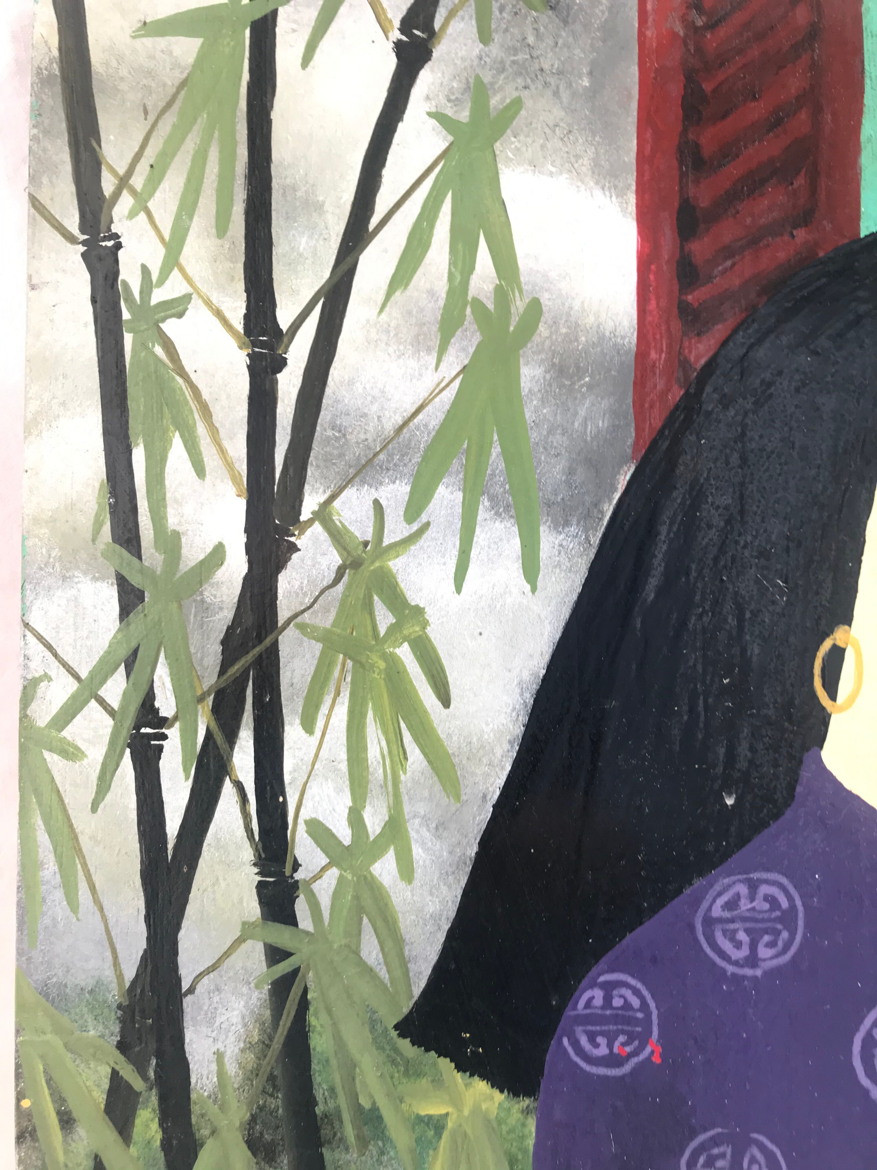 Tableau huile sur bois scène d'intérieur japonais