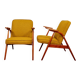 Set of MID Century Armchairs Ocher Yellow Wool, Turned Legs, 1960s